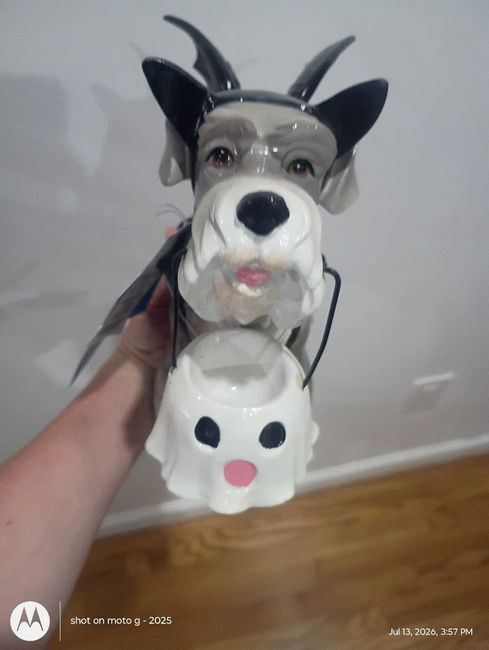 Halloween Schnauzer Dog Holding Ghost Bucket in Bat Custom Decor Figure